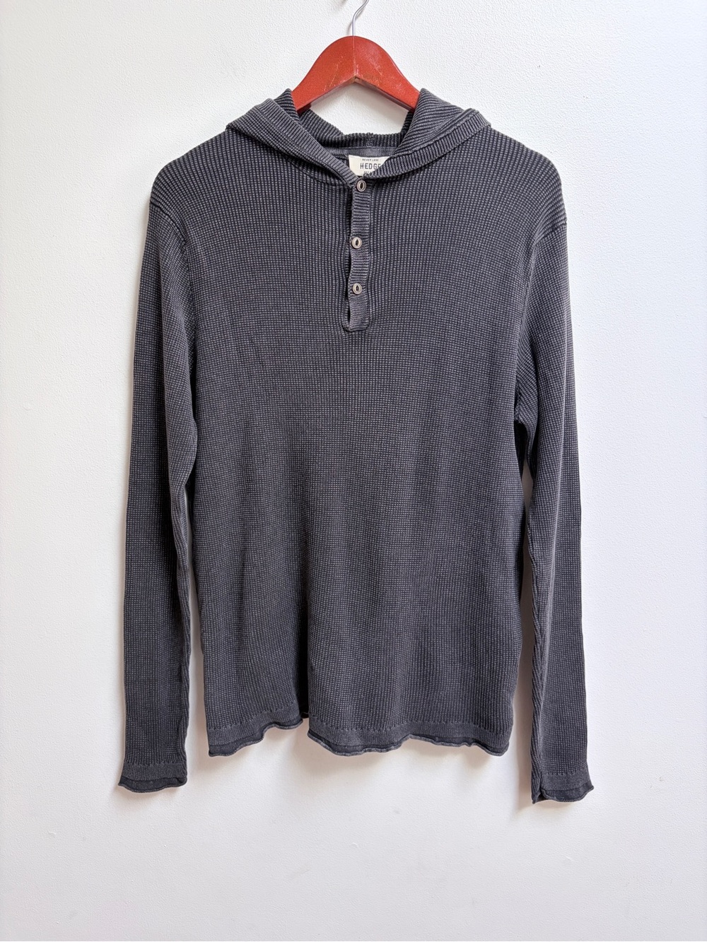 Never Lose Hedge Hooded Henley Waffle Knit Long Sleeve Shirt Gray Sz L